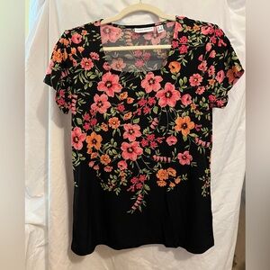 Susan Graver “Liquid Knit” Black and Pink and Green Floral Blouse Size XS